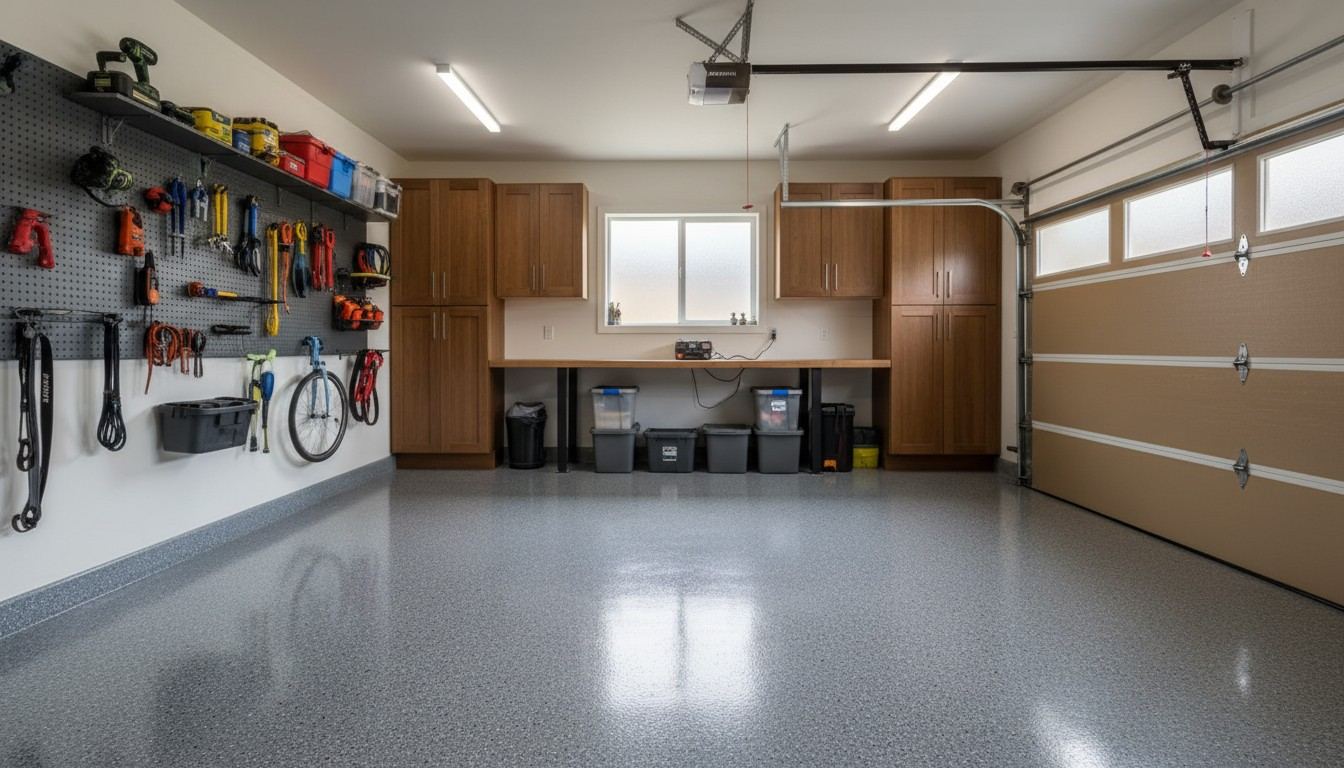 A finished flake epoxy garage floor, illustrative example